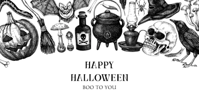 Vintage Halloween background. Hand drawn vector illustration. Skulls, bones, pumpkin, poison, snakes, mushroom sketches. Autumn holiday banner. Vintage Halloween design elements
